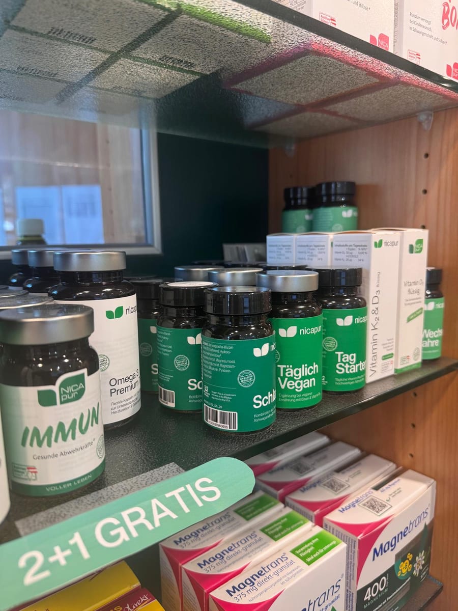 Linden-Apotheke Lübtheen - nicapur Nahrungsergänzung im Regal mit der Aktion 2+1 gratis