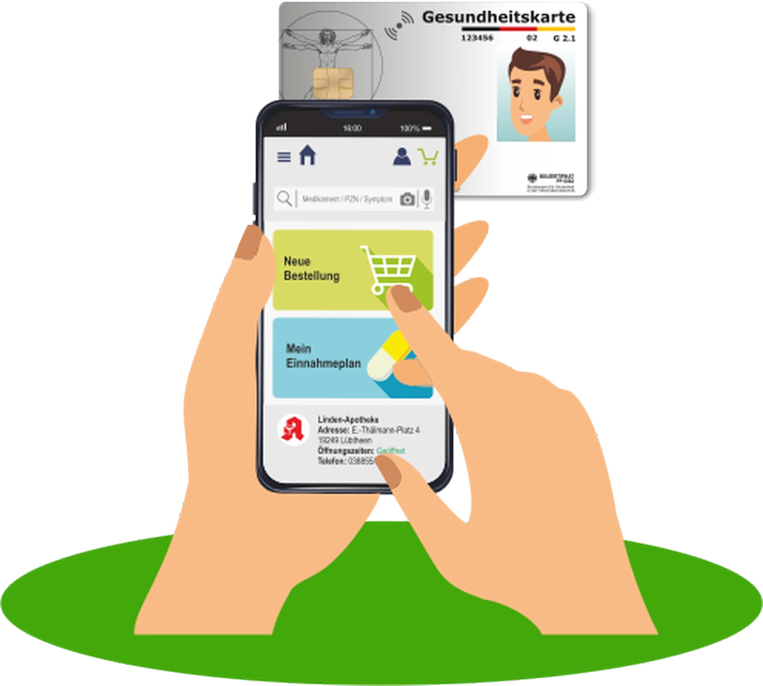 Linden-Apotheke - Pharmazeutische Dienstleistungen & Online-Bestellung - Hände halten ein Smartphone während der Registrierung mit einem digitalen Ausweissymbol.