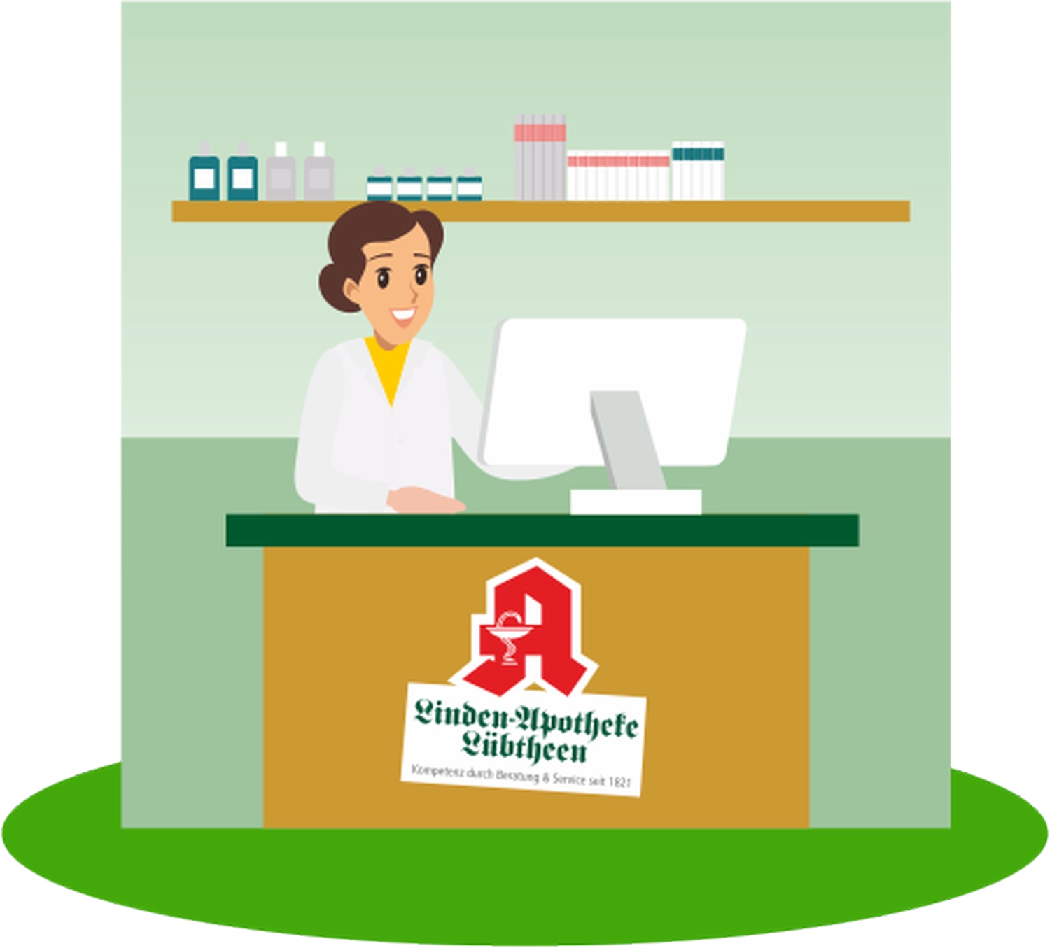 Linden-Apotheke - Pharmazeutische Dienstleistungen & Online-Bestellung - Illustration eines Apothekers hinter einem Tresen mit dem roten deutschen Apothekenlogo.