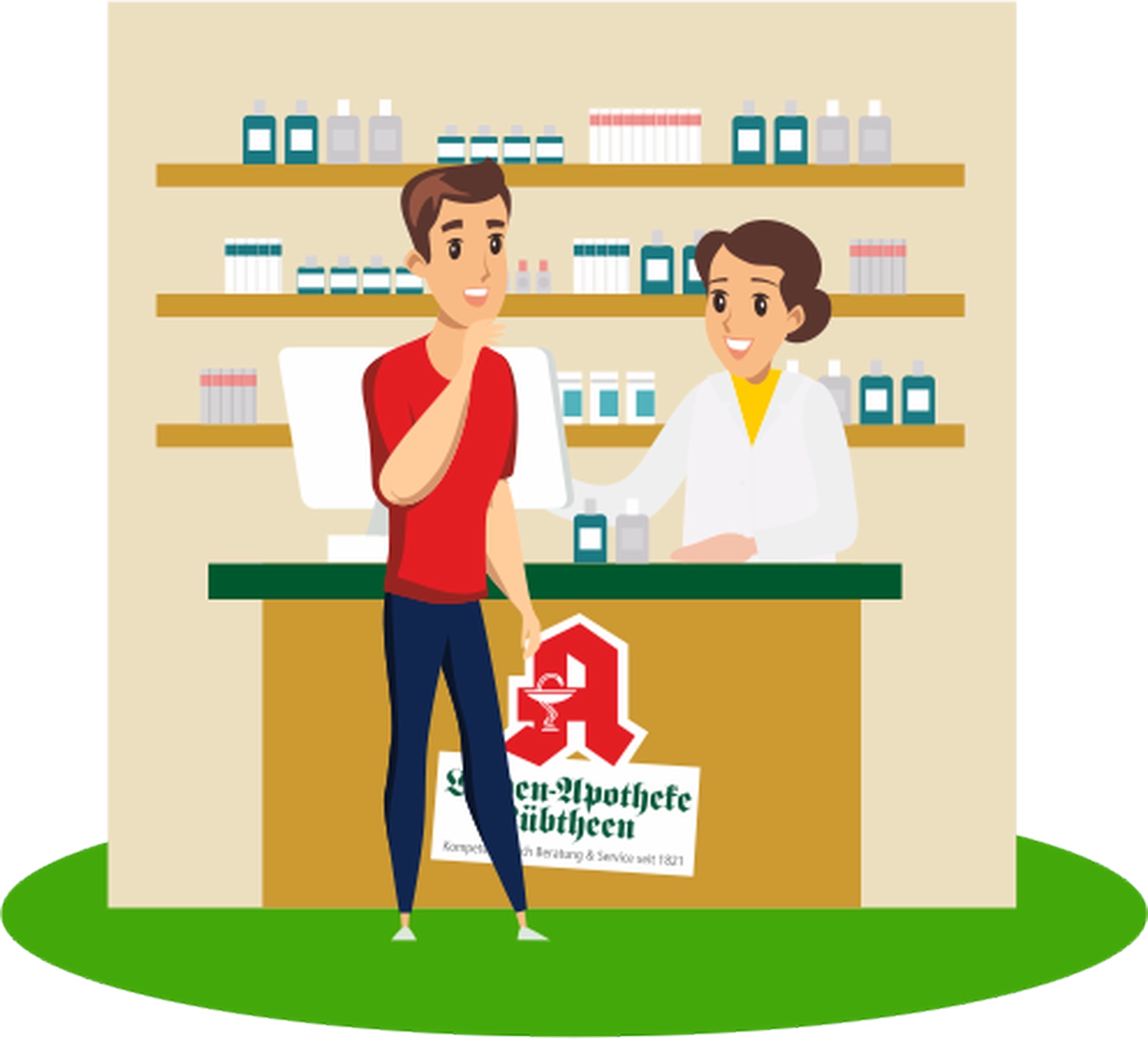 Linden-Apotheke - Pharmazeutische Dienstleistungen & Online-Bestellung - Illustration eines Kunden, der an einem grünen Apothekentresen mit einem Apotheker vor Medikamentenregalen spricht.