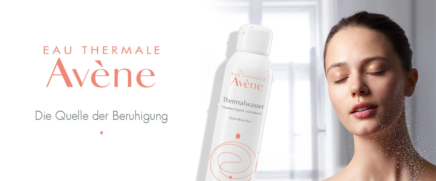 Linden-Apotheke - Pharmazeutische Dienstleistungen & Online-Bestellung - Werbung für Avène Dermo-cosmetics mit einer Gesichtssprayflasche und dem Gesicht einer Frau.